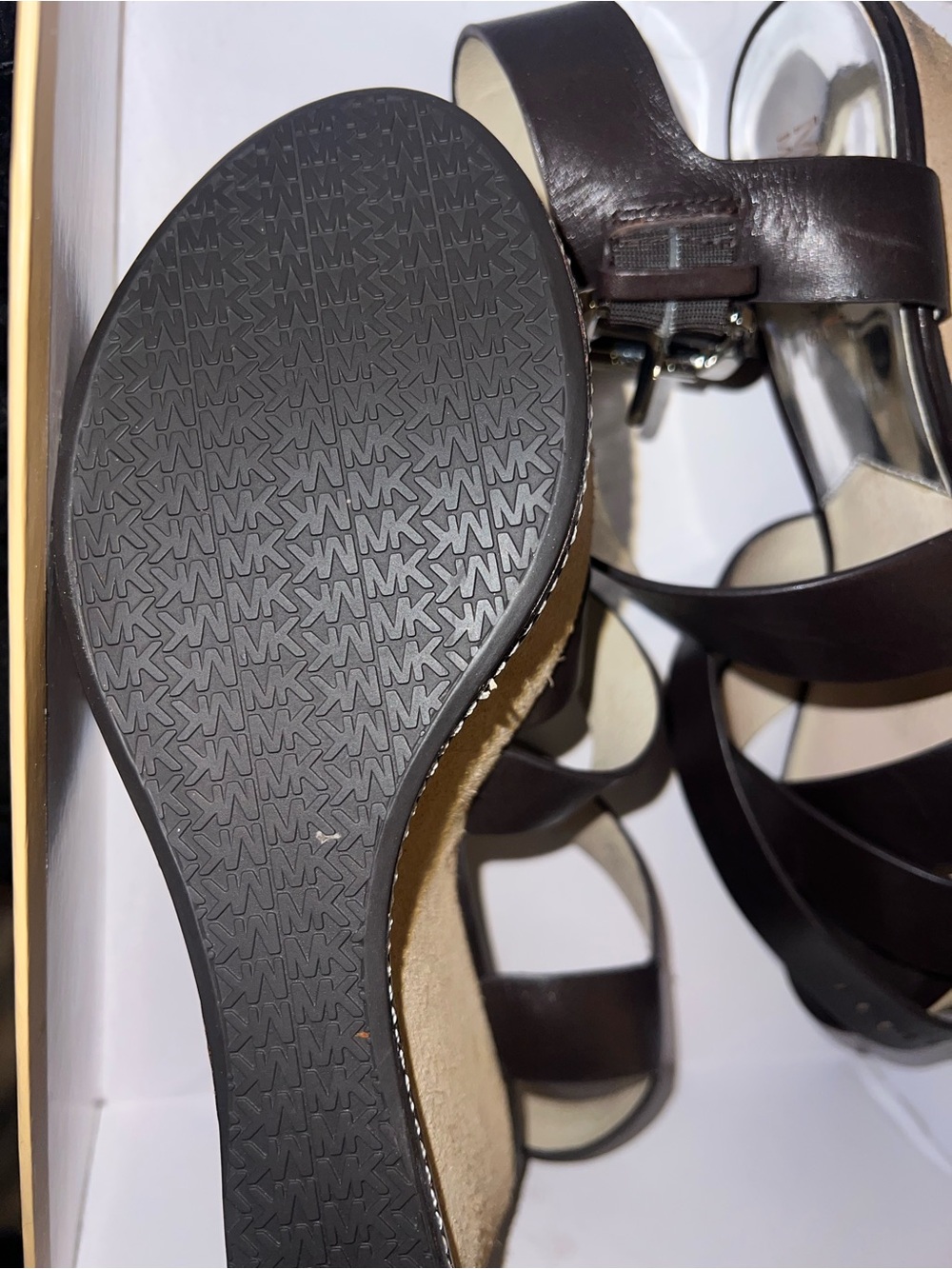 MICHAEL Michael Kors Brown Leather Strappy Wedges with Tan Suede Platform. - Picture 3 of 3